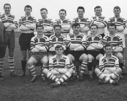 75th ANNIVERSARY MATCH v DEVON COUNTY 12th APRIL 1962 G. Finnie, B. Rees, B. Browning, G. Bryan, C. Burrows, P. Green, M. Dodd, A. Stidwell, N. Haddon, G. Kirby, R. Friend, J. Keating (Capt.), M. Perkins, K. Beake, R. Wright, J. Bresher 1st XV 1961-62